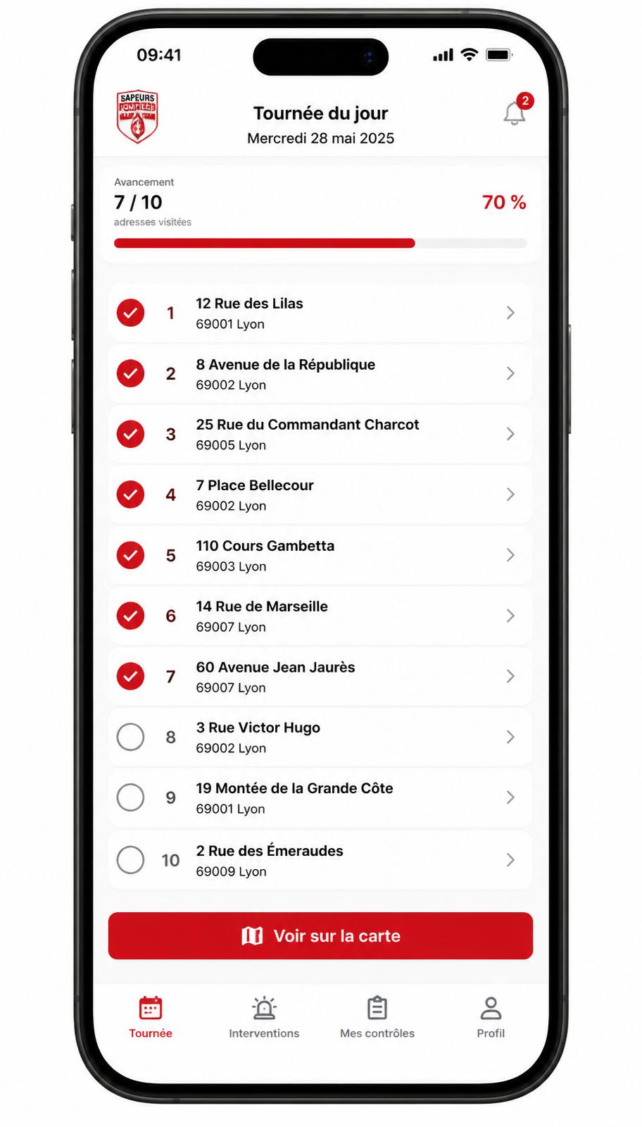 Application Juanito : tournée du jour avec liste et progression
