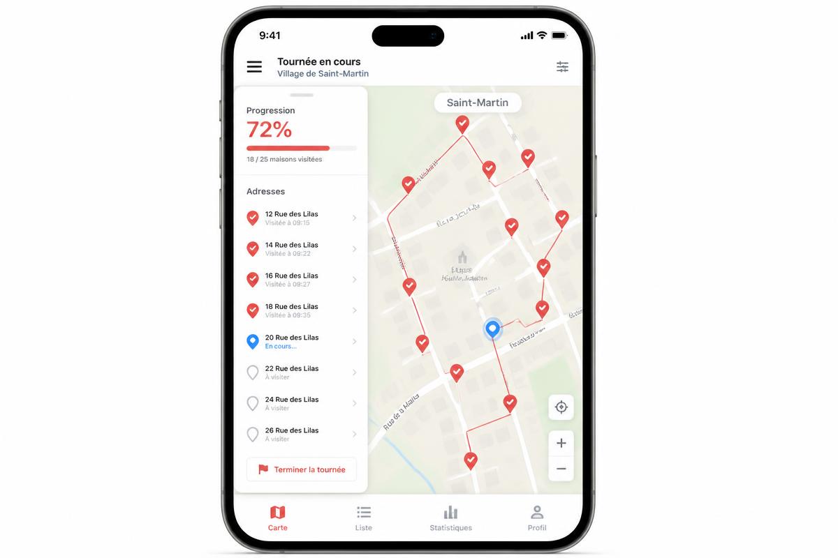 Carte de tournée pompier avec adresses visitées et progression